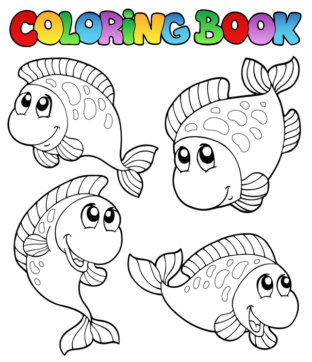 Dětská zábava: Coloring book with four fishes - vector illustration.